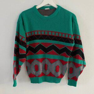 70s/80s Vintage Green, Grey, Black & Red Sweater - XS-S